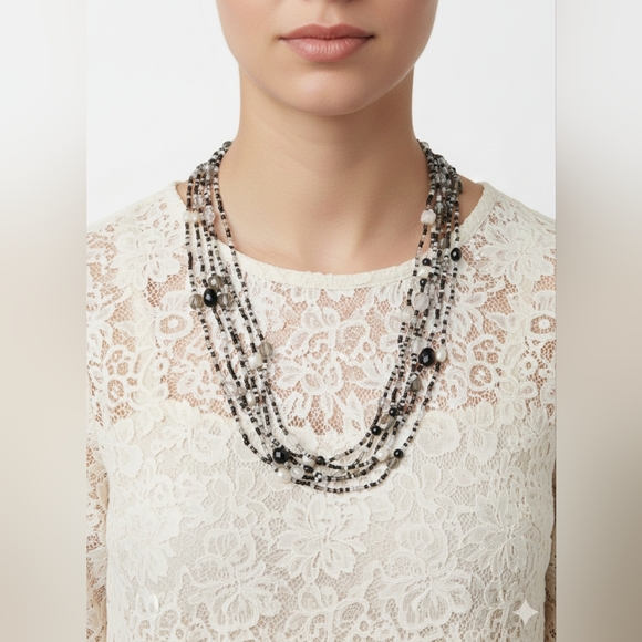 Black & Ivory Beaded Boho Multi-Strand Necklace Set 3 - Picture 8 of 8